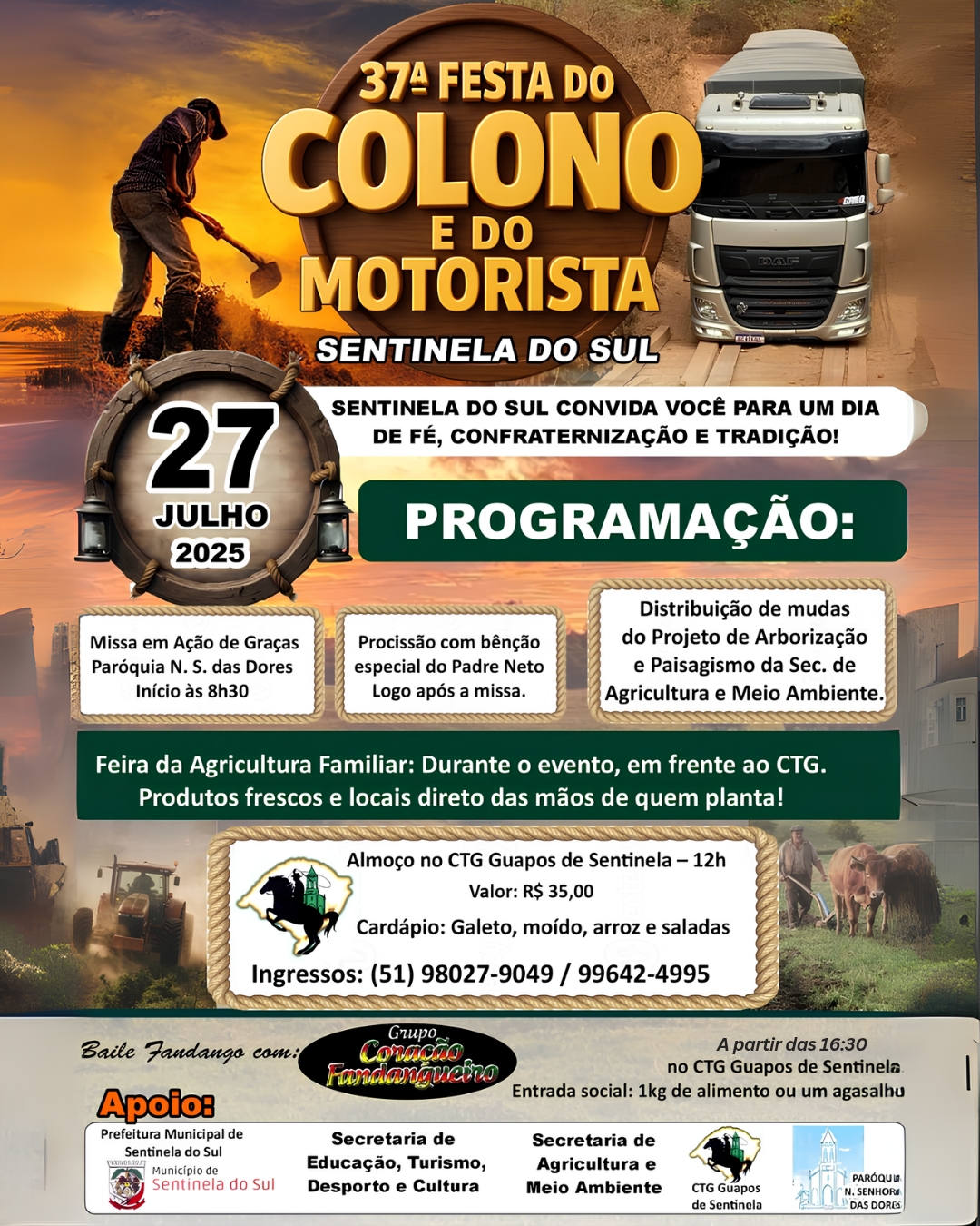 37ª FESTA DO COLONO E DO MOTORISTA ACONTECE DIA 27 DE JULHO EM SENTINELA DO SUL