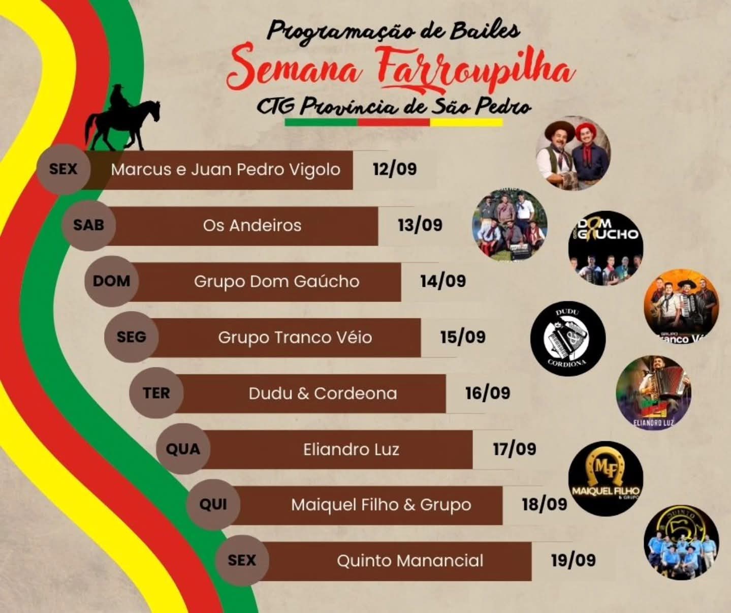 CTG PROVÍNCIA DE SÃO PEDRO DIVULGA BAILES DE SUA PROGRAMAÇÃO DA SEMANA FARROUPILHA