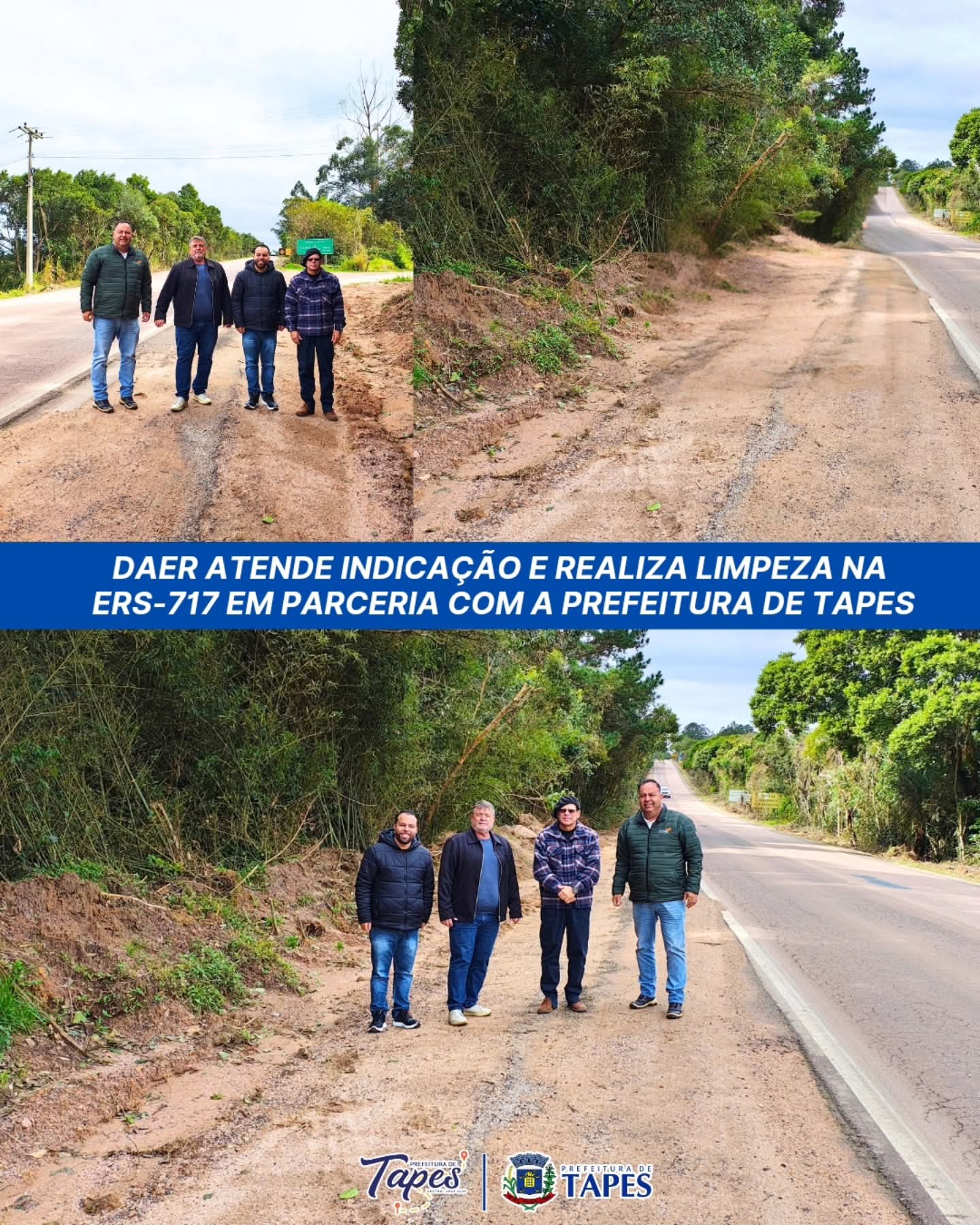 DAER ATENDE INDICAÇÃO E REALIZA LIMPEZA NA ERS-717 EM PARCERIA COM A PREFEITURA DE TAPES