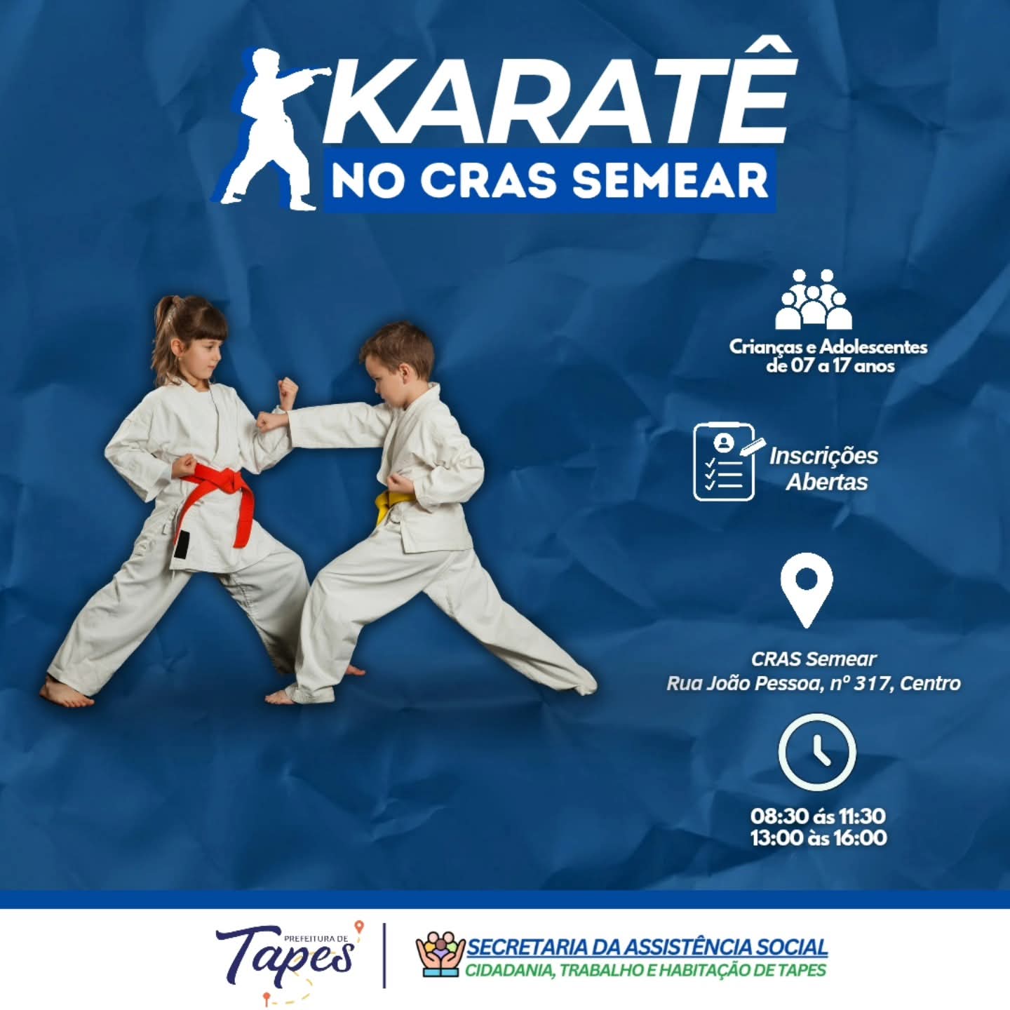 KARATÊ NO CRAS SEMEAR PROMOVE DISCIPLINA E CONVIVÊNCIA PARA CRIANÇAS E ADOLESCENTES EM TAPES
