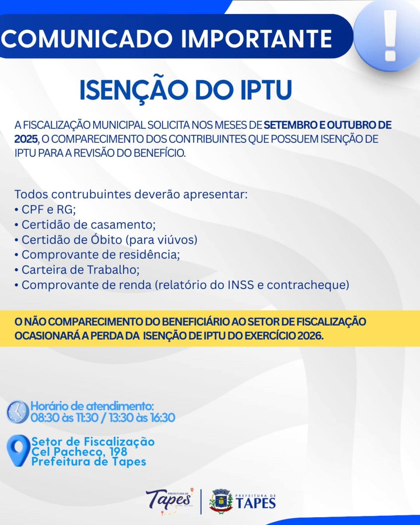 COMUNICADO IMPORTANTE: REVISÃO DA ISENÇÃO DO IPTU