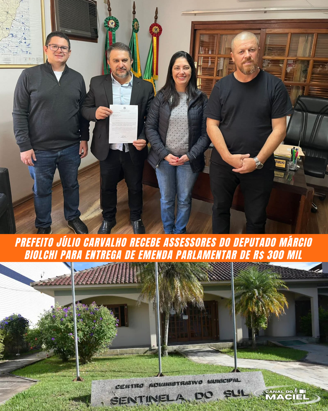 PREFEITO JÚLIO CARVALHO RECEBE ASSESSORES DO DEPUTADO MÁRCIO BIOLCHI PARA ENTREGA DE EMENDA PARLAMENTAR DE R$ 300 MIL