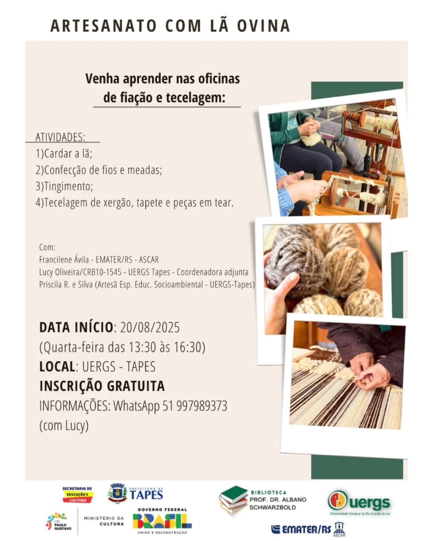 ARTESANATO COM LÃ OVINA: OFICINAS GRATUITAS DE FIAÇÃO E TECELAGEM EM TAPES
