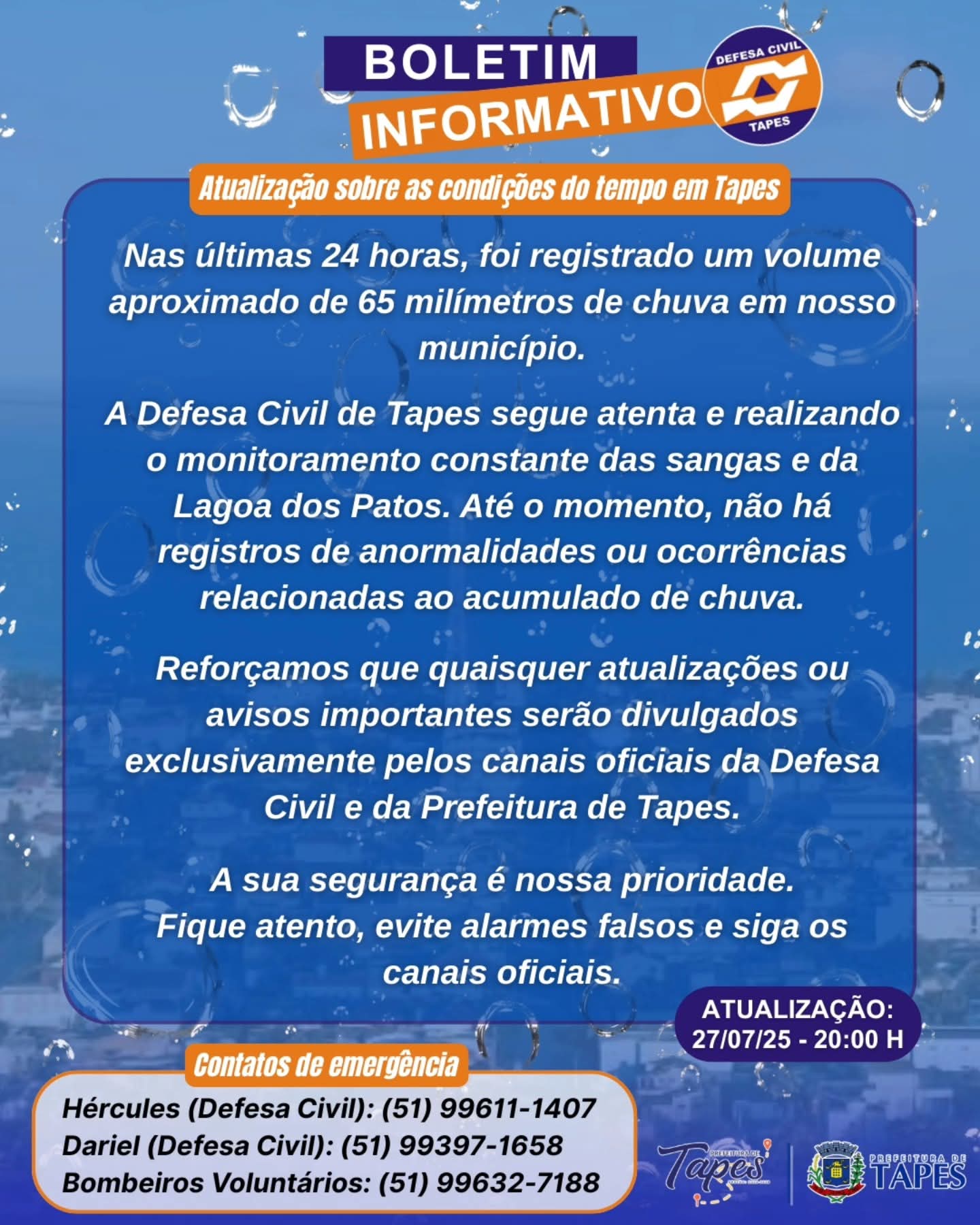 BOLETIM INFORMATIVO – DEFESA CIVIL DE TAPES ALERTA PARA CHUVA INTENSA